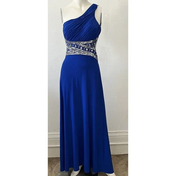 Betsy And Adam Beaded One Shoulder Floor Length Dress Gown 4 Blue Winter Holiday - Picture 1 of 13